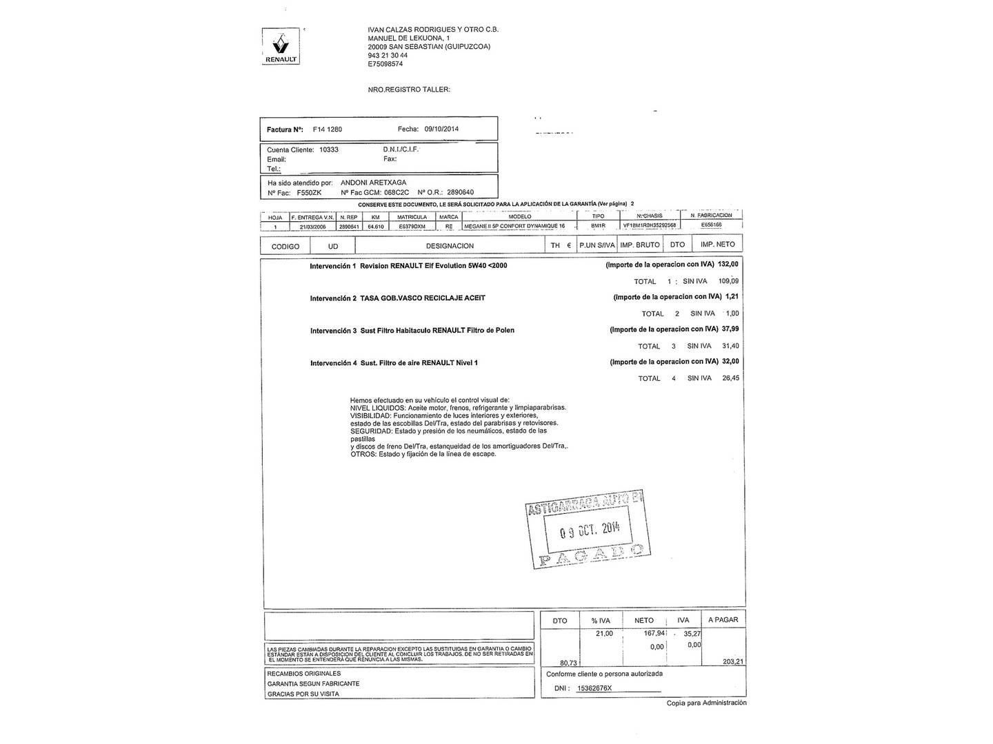 Foto del mantenimiento del Renault Mégane Renault Megane Confort Dynamique 1.6 16v (110 CV)
