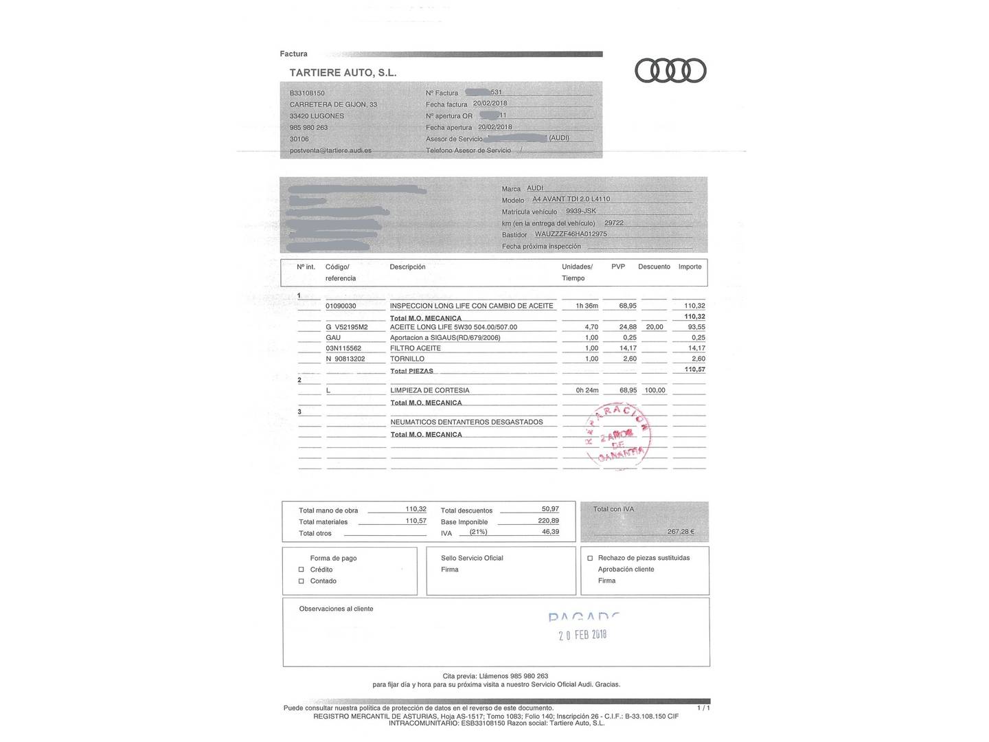 Foto del mantenimiento del Audi A4 Audi A4 Avant S line 2.0 TDI (150 CV) S tronic