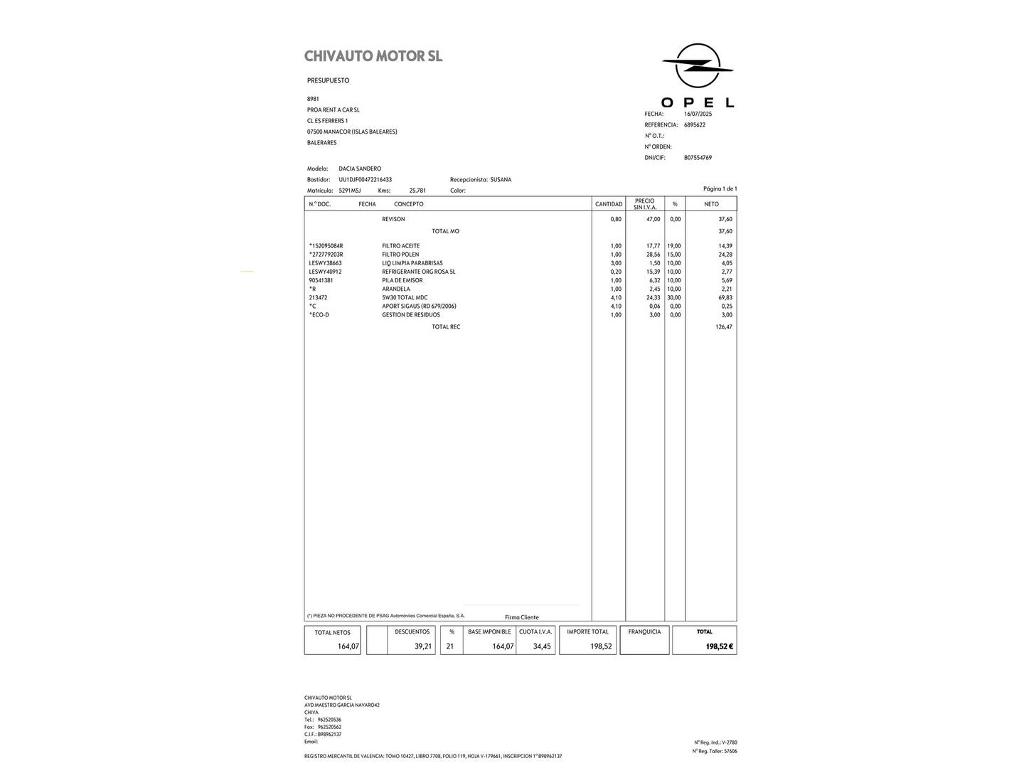 Foto del mantenimiento del Dacia Sandero Dacia Sandero Stepway Expression TCe (91 CV)