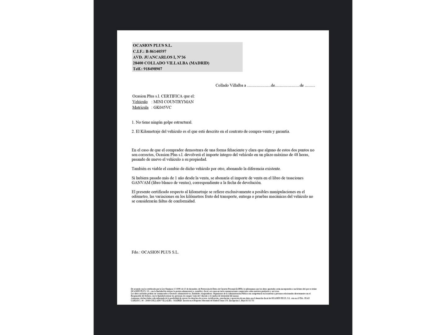 Foto del certificado del Mini Countryman MINI MINI Countryman Cooper (136 CV)