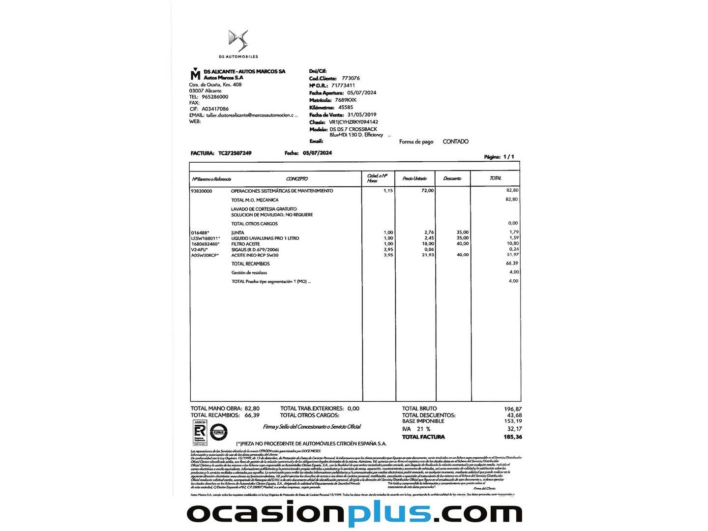 Foto del mantenimiento del DS DS 7 Crossback DS DS7 Crossback BlueHDi 130 Performance Line Auto (130 CV)