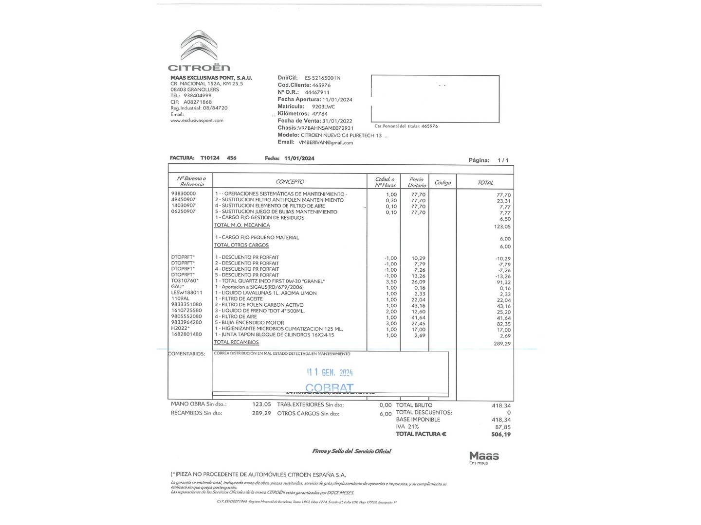 Foto del mantenimiento del Citroën C4 Citroën C4 PureTech 130 S&S Shine (130 CV)