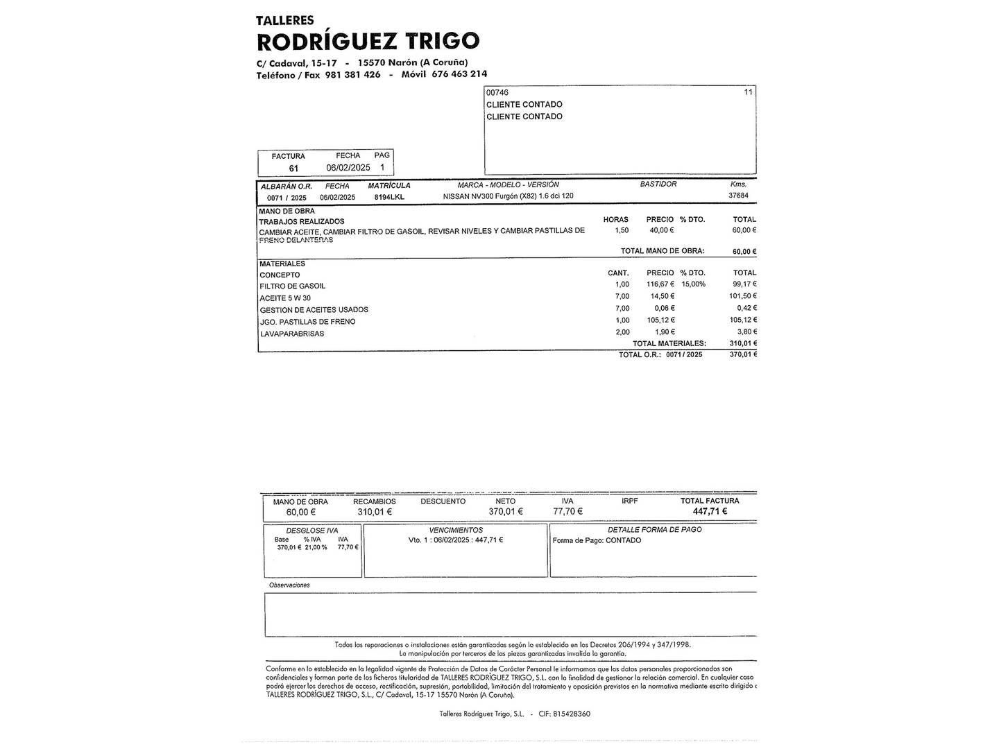 Foto del mantenimiento del Nissan NV300 Nissan NV300 Furgon 2.0 dCi Comfort L1H1 (120 CV)