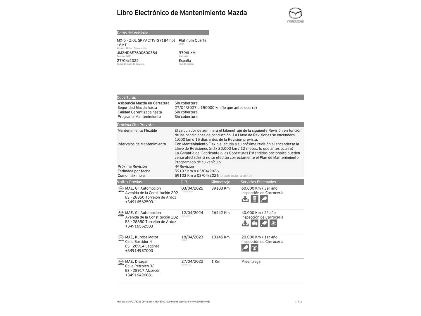 Foto del mantenimiento del Mazda MX-5 Mazda MX-5 2.0 SKYACTIV-G Blue Cap Edition (184 CV)