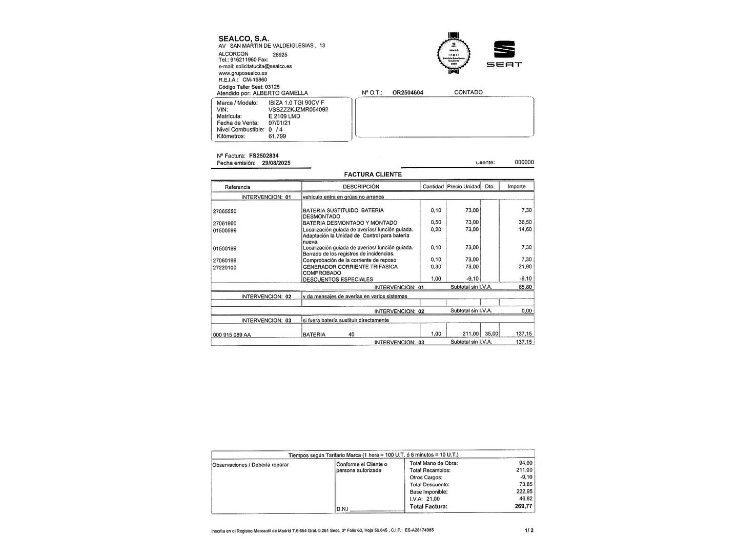 Foto del mantenimiento del Seat Ibiza Seat Ibiza 1.0 TGI FR (90 CV)