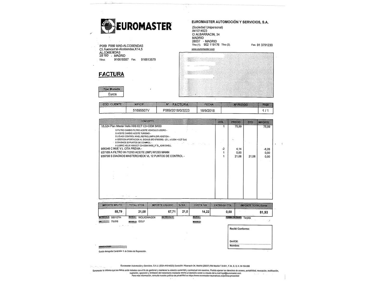 Foto del mantenimiento del Volkswagen Golf Volkswagen Golf Sport 1.4 TSI  (160 CV) DSG
