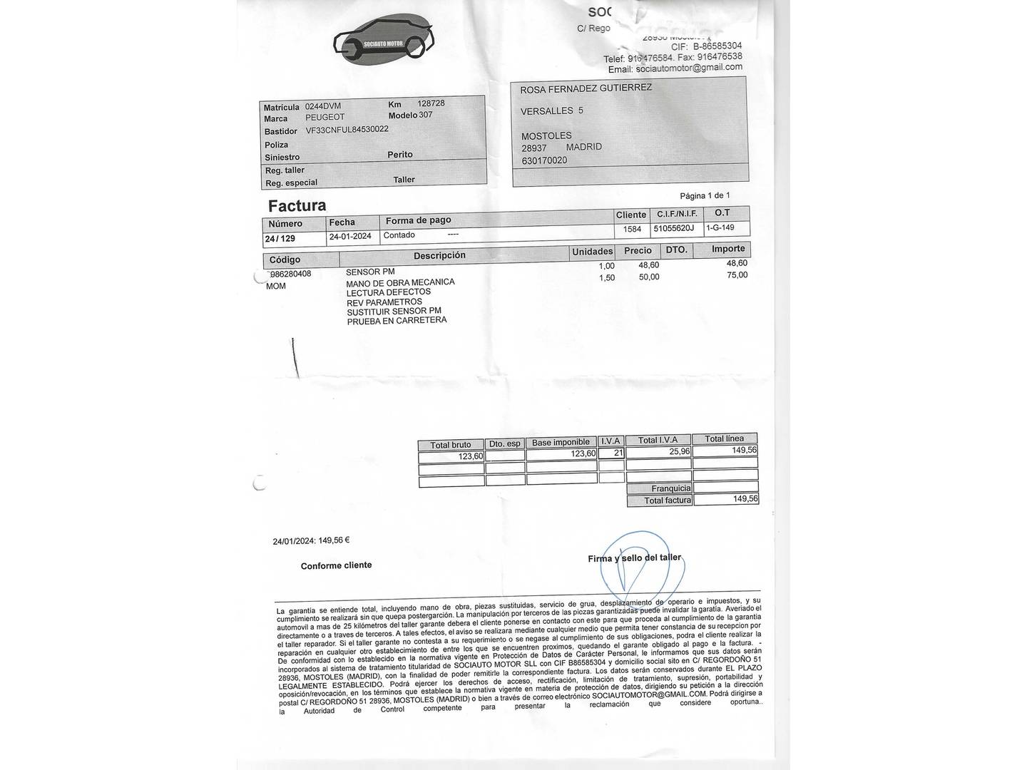 Foto del mantenimiento del Peugeot 307 Peugeot 307 1.6 X-Line (110 CV)