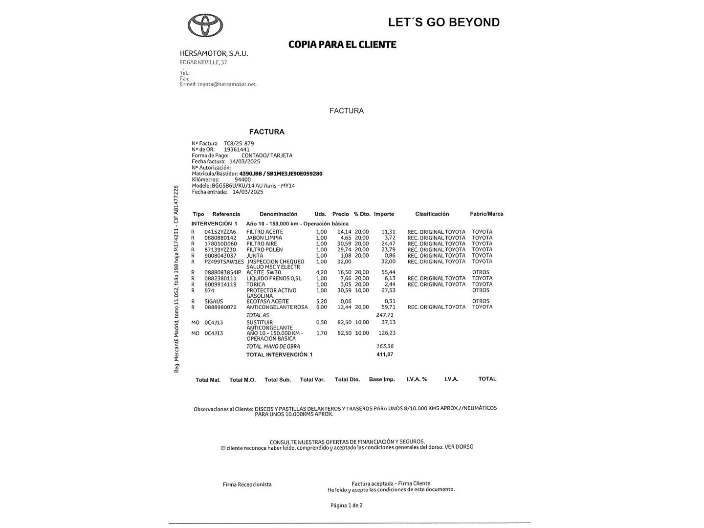 Foto del mantenimiento del Toyota Auris Toyota Auris 130 Active (132 CV)