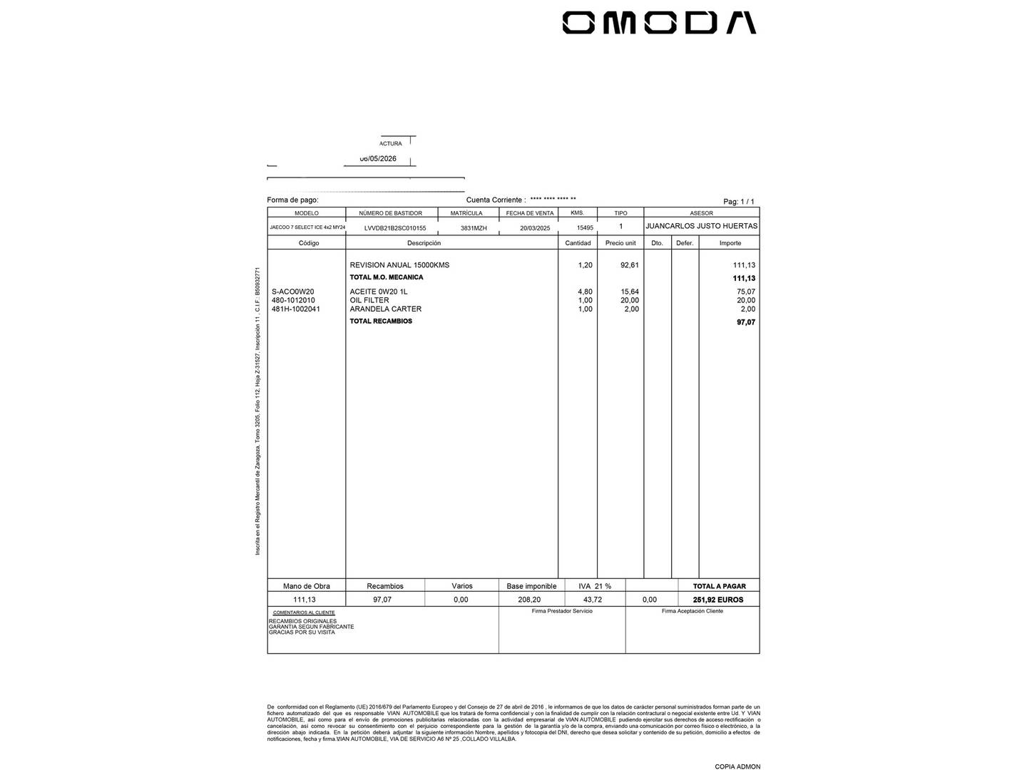 Foto del mantenimiento del JAECOO 7 JAECOO 7 1.6 TGDI Select FWD (145 CV)