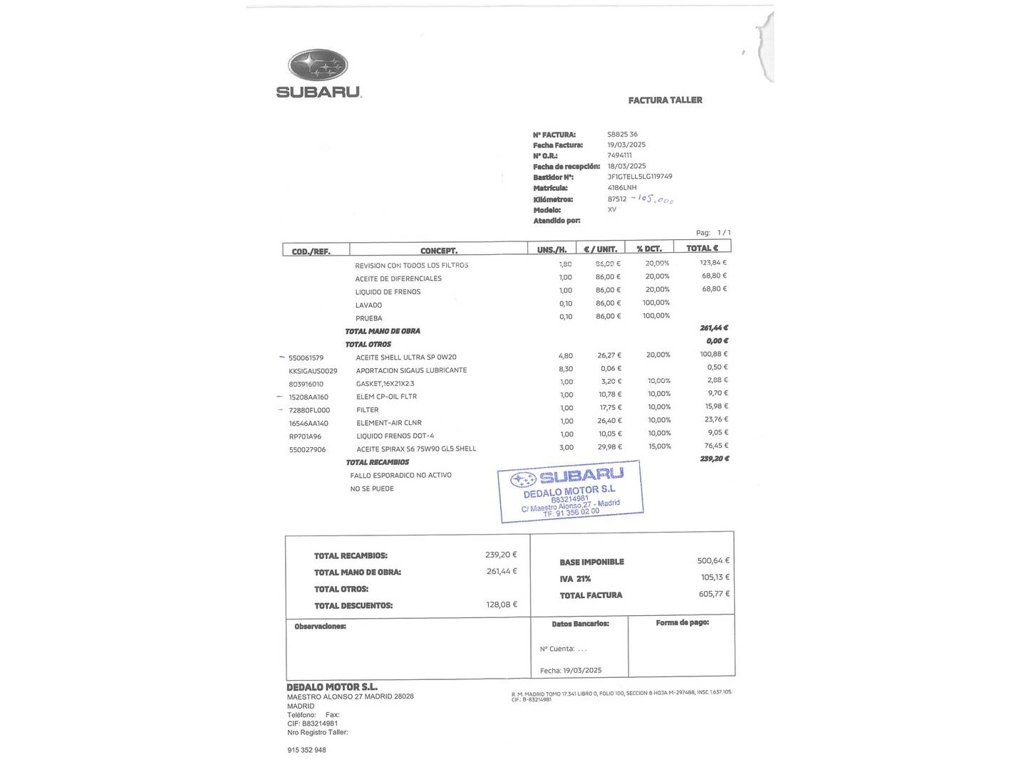 Foto del mantenimiento del Subaru XV Subaru XV 2.0i Hybrid Executive Plus CVT  (150 CV)