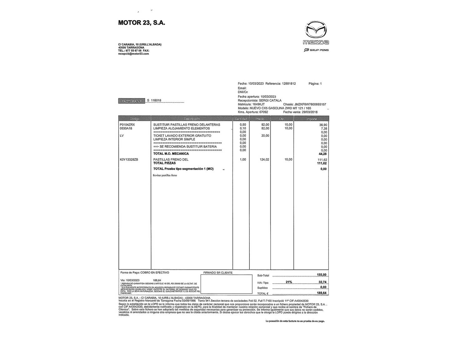 Foto del mantenimiento del Mazda CX-5 Mazda CX-5 2.0 GE Evolution 2WD (165 CV)