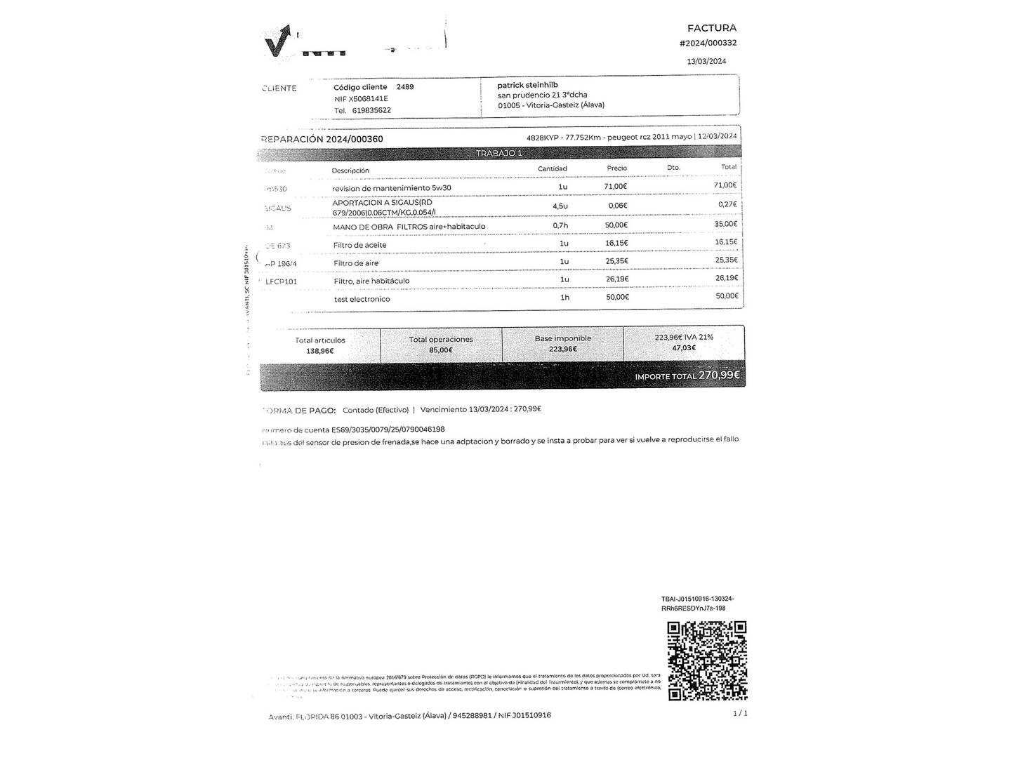 Foto del mantenimiento del Peugeot RCZ Peugeot RCZ 1.6 THP Black Yearling (156CV)