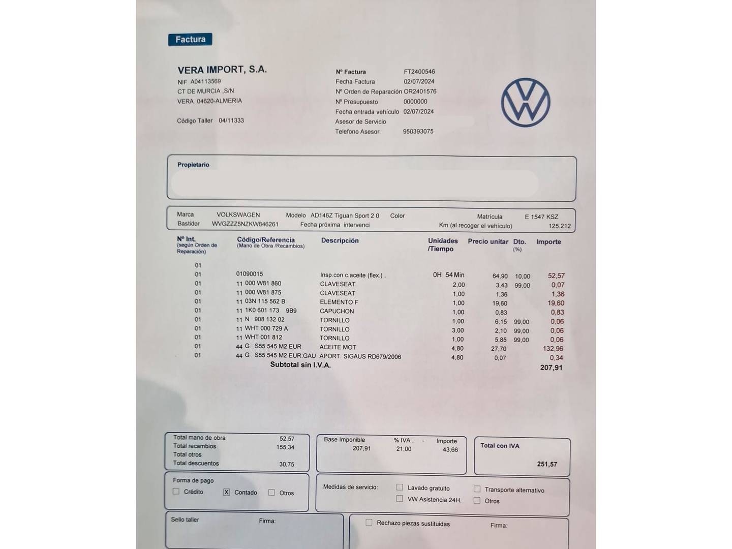 Foto del mantenimiento del Volkswagen Tiguan Volkswagen Tiguan Sport 2.0 TDI (150 CV) DSG