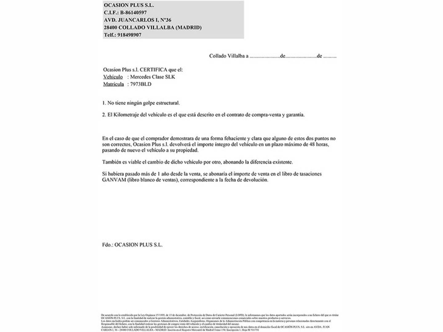 Foto del certificado del Mercedes Clase SLK Mercedes-Benz Clase SLK 200 K  100 kW (136 CV)