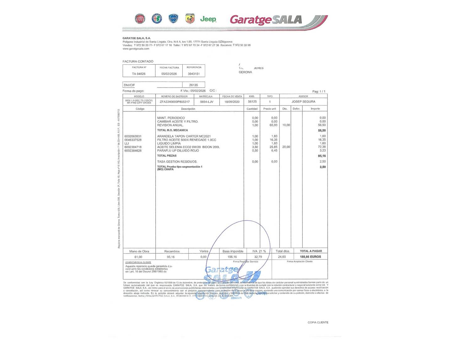Foto del mantenimiento del Fiat 500X Fiat 500X 1.0 GSE City Cross T3 S&S (120 CV)