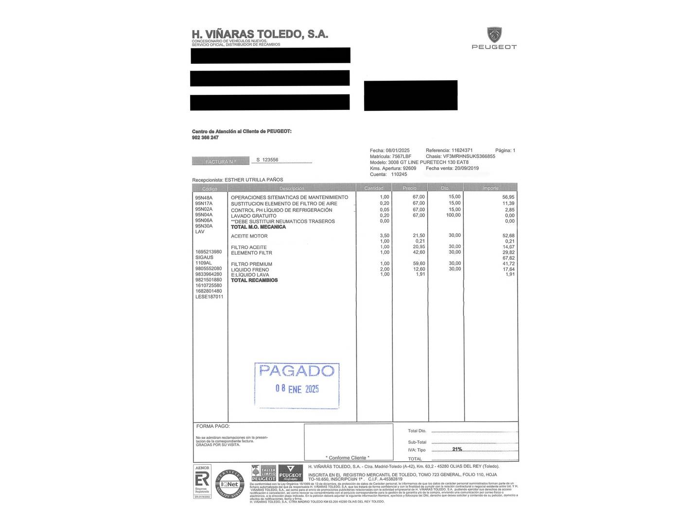 Foto del mantenimiento del Peugeot 3008 Peugeot 3008 PureTech 130 S&S GT Line EAT8 (130 CV)