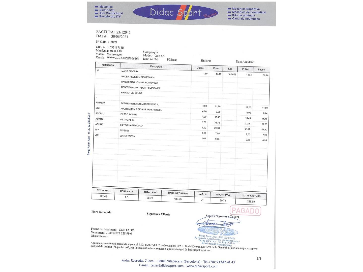 Foto del mantenimiento del Volkswagen Golf Volkswagen Golf Advance 1.4 TSI (125 CV)