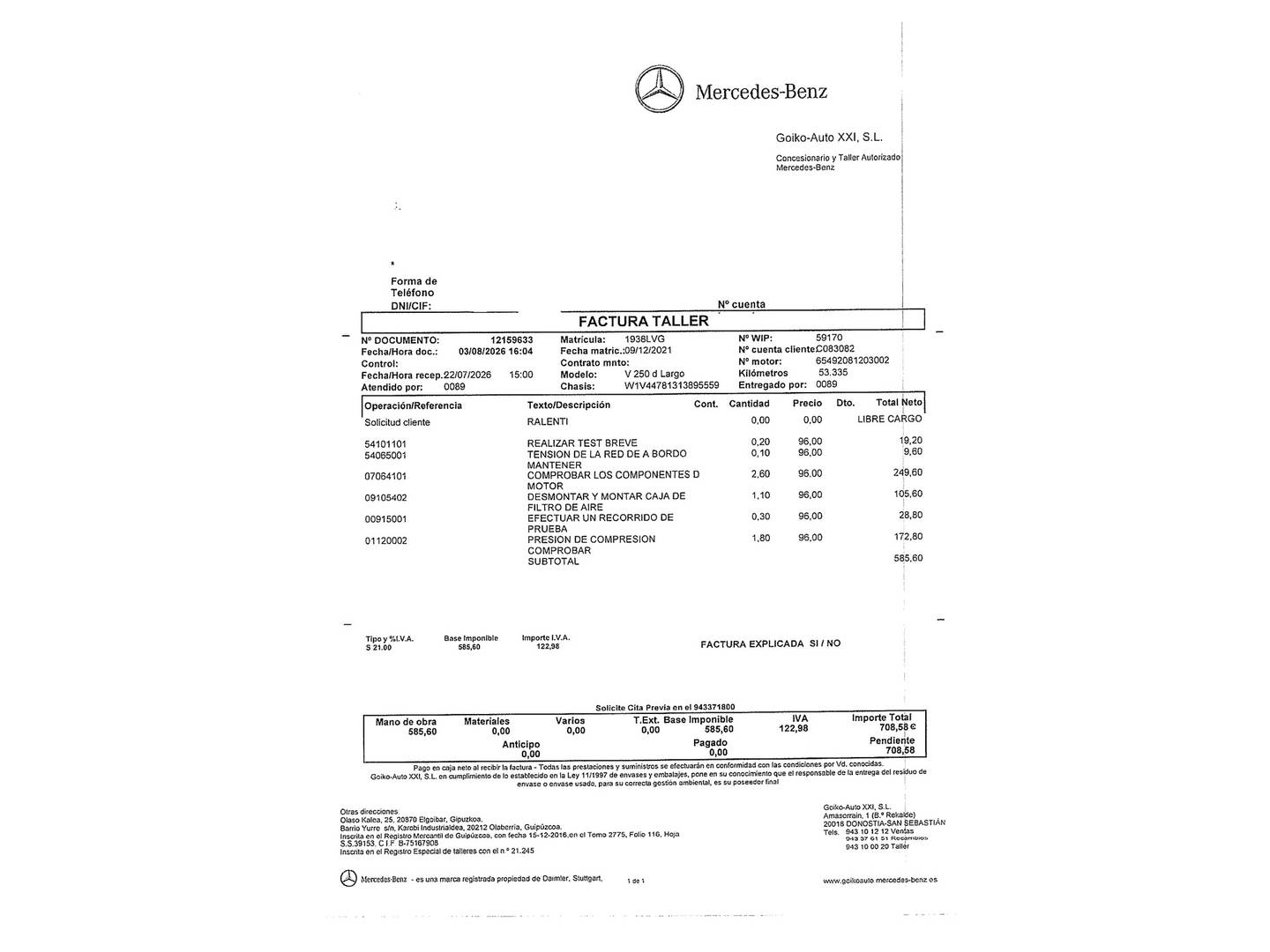 Foto del mantenimiento del Mercedes Clase V Mercedes Clase V 250 d Avantgarde Largo (190 CV) 8 Plazas