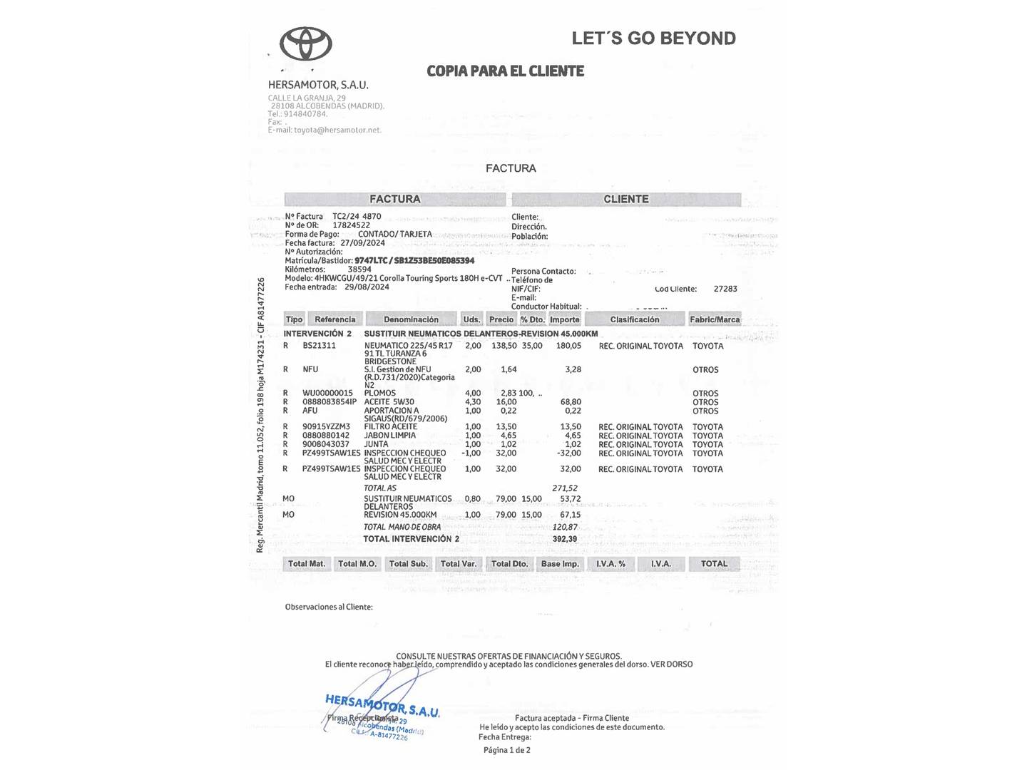 Foto del mantenimiento del Toyota Corolla Toyota Corolla Touring Sports 180H Advance E-CVT (180 CV)