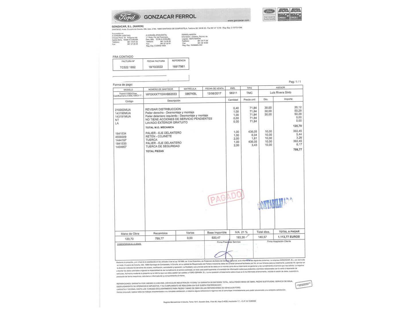 Foto del mantenimiento del Ford Transit Ford Transit Furgon 350 L3H2 Trend Delantera (130 CV)