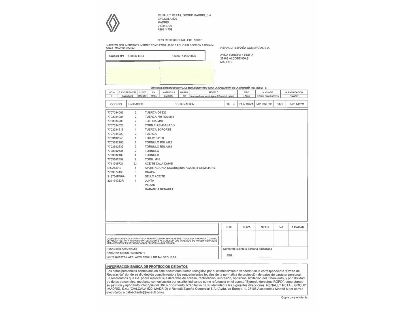Foto del mantenimiento del Renault Arkana Renault Arkana Esprit Alpine full hybrid E-Tech (145 CV)