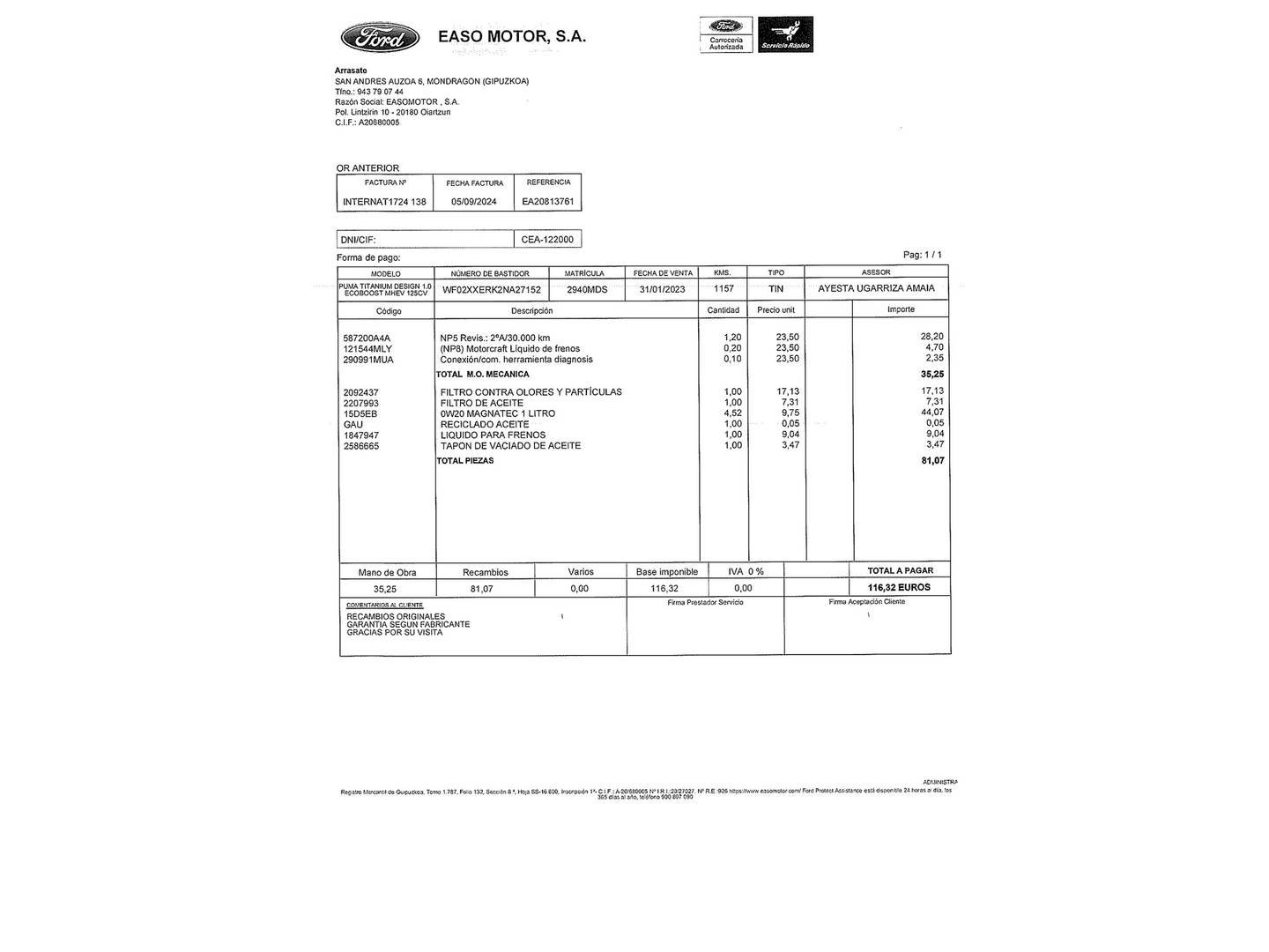 Foto del mantenimiento del Ford Puma Ford Puma 1.0 EcoBoost MHEV Titanium Design (125 CV)