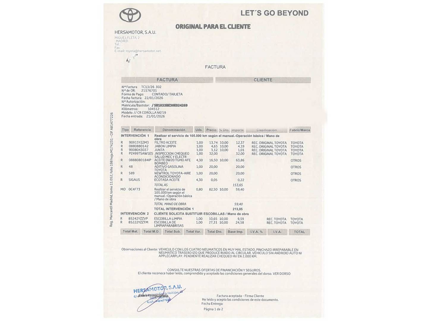 Foto del mantenimiento del Toyota Corolla Toyota Corolla 180H Advance E-CVT (180 CV)
