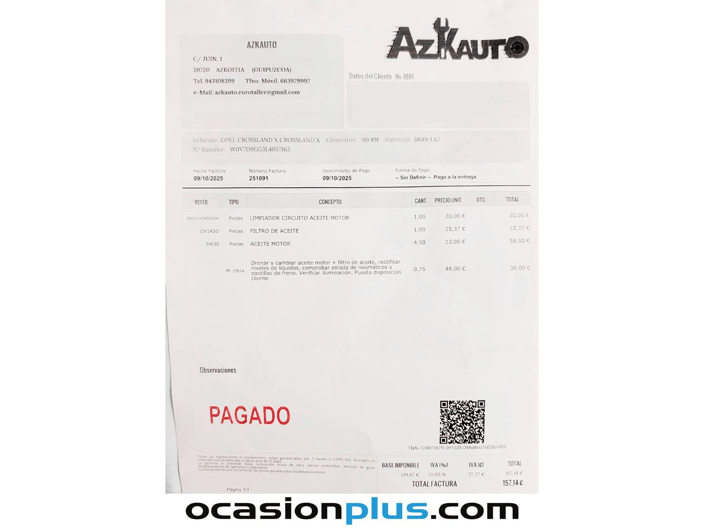 Foto del mantenimiento del Opel Crossland X Opel Crossland X 1.5 D S&S Design Line 120 Aniversario (102 CV)