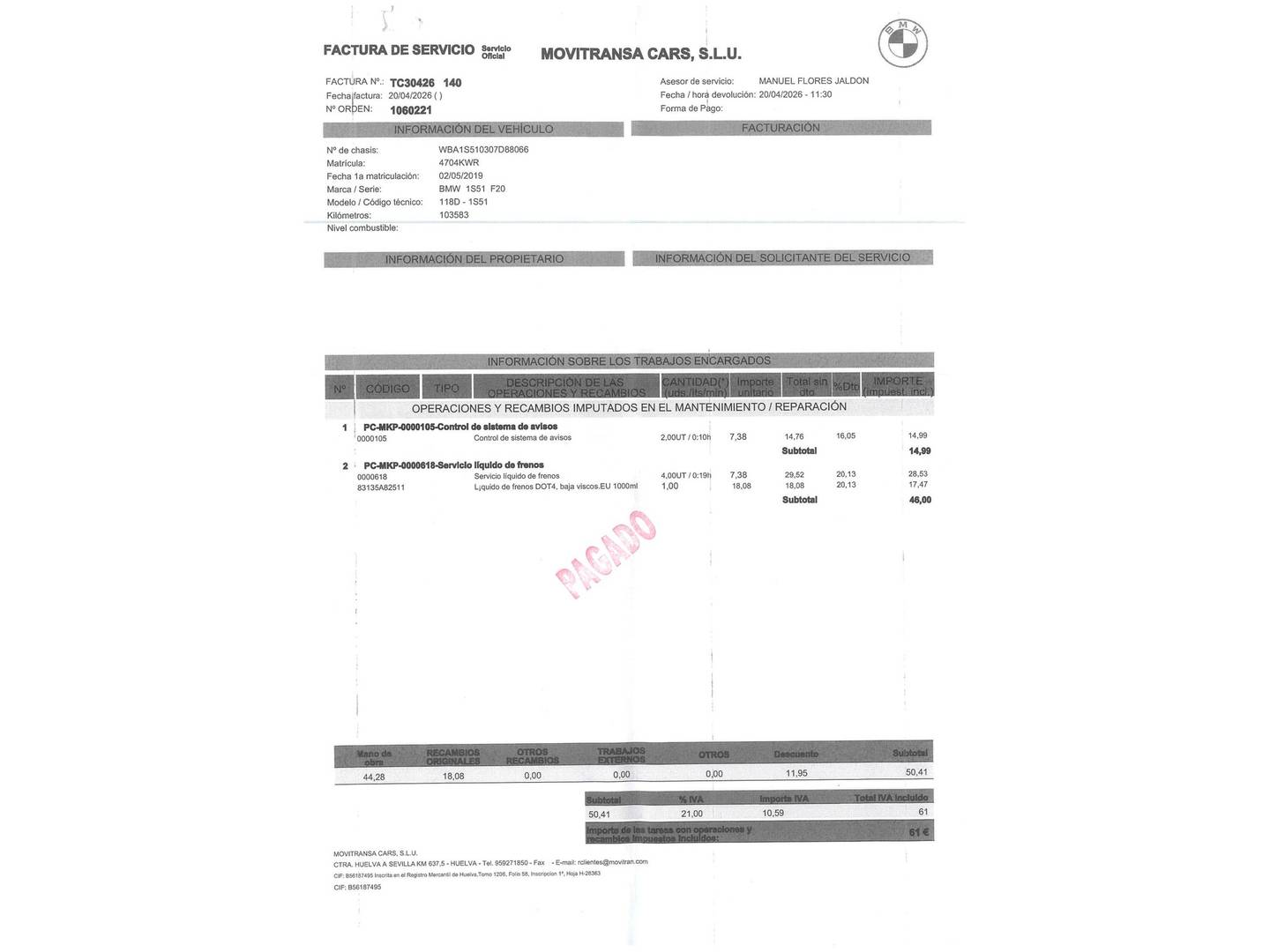 Foto del mantenimiento del BMW Serie 1 BMW Serie 1 118d (150 CV)