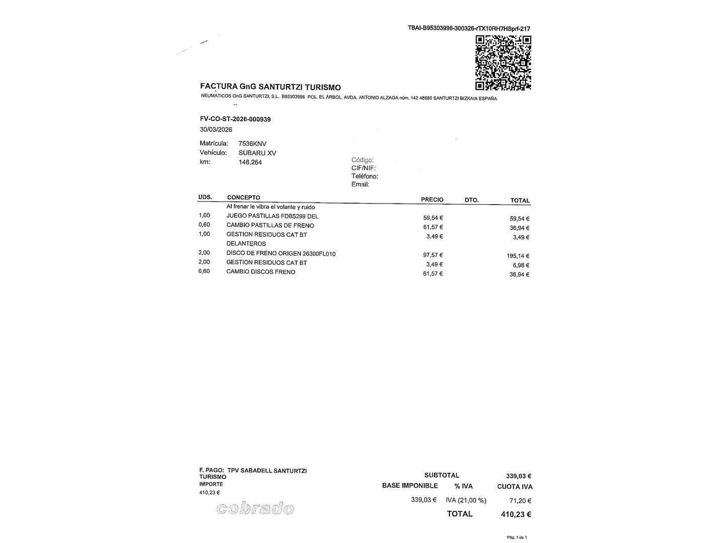 Foto del mantenimiento del Subaru XV Subaru XV 2.0i Sport Plus CVT Lineartronic (156 CV)