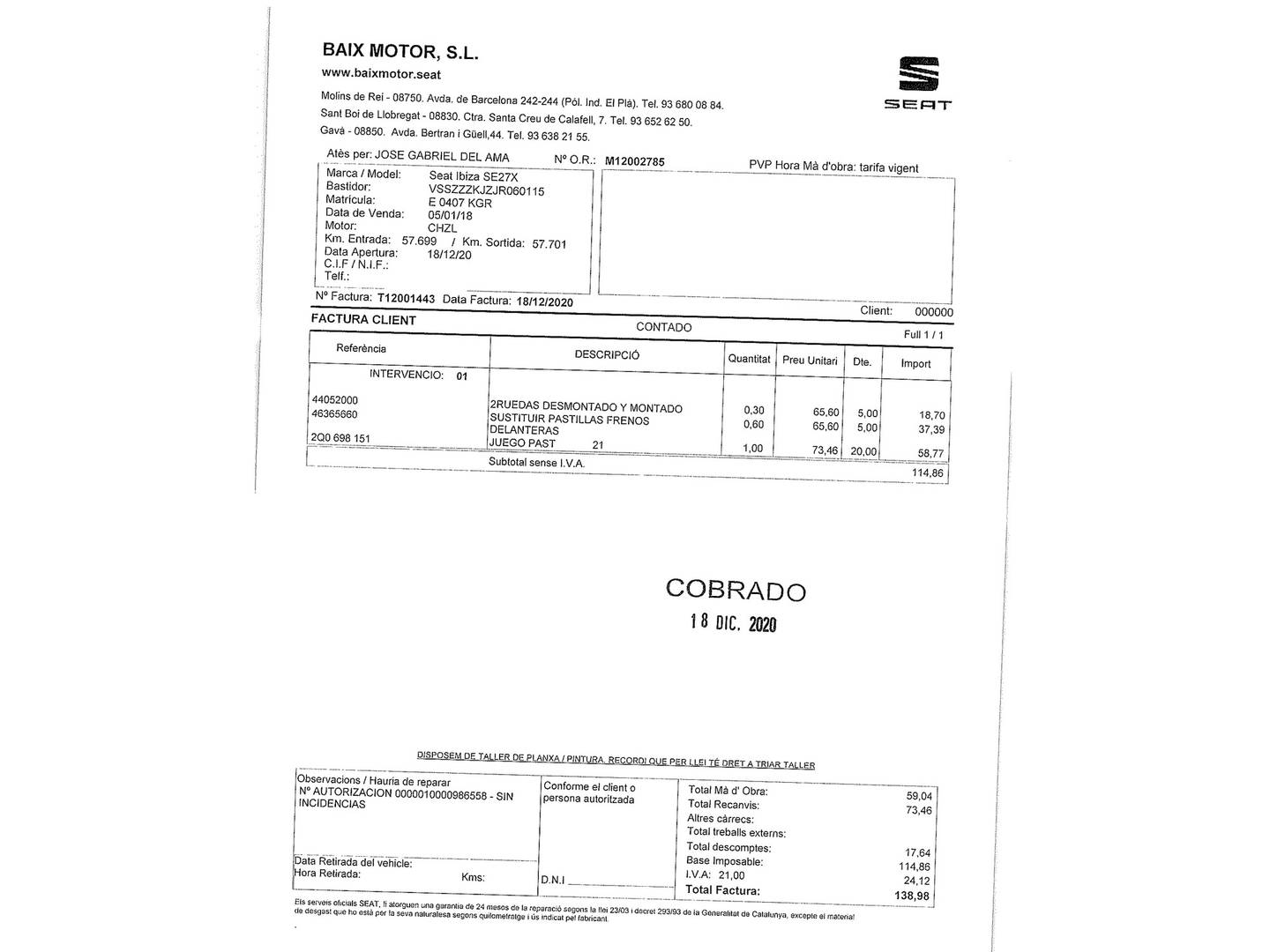Foto del mantenimiento del Seat Ibiza SEAT Ibiza 1.0 EcoTSI S&S Style (95 CV)