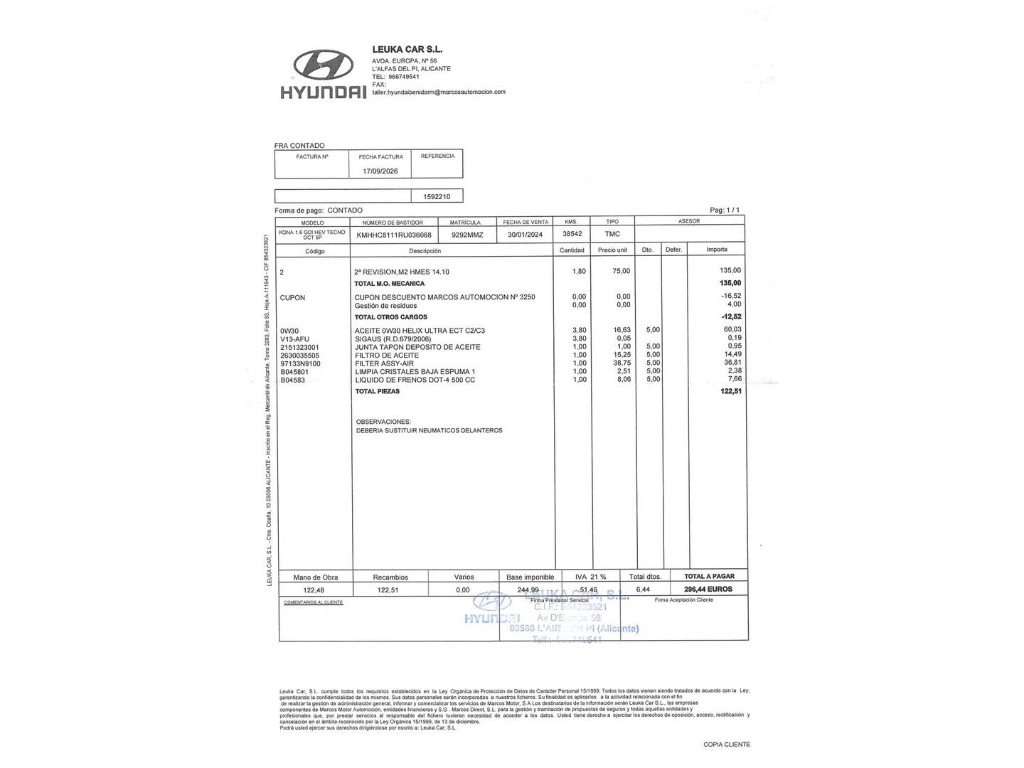 Foto del mantenimiento del Hyundai Kona Hyundai Kona 1.6 GDI HEV Tecno DCT (141 CV)
