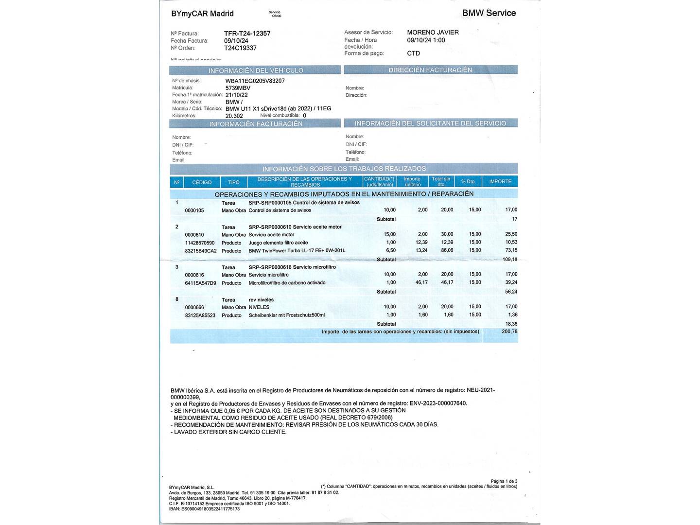 Foto del mantenimiento del BMW X1 BMW X1 sDrive18d (150 CV)