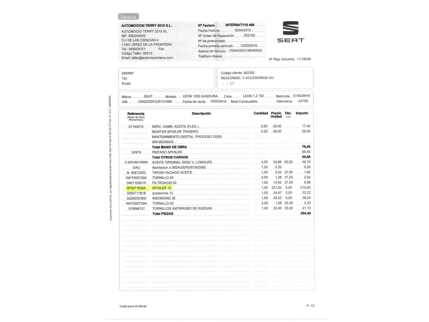 Foto del mantenimiento del Seat León SEAT León 1.2 TSI S&S Style (110 CV)