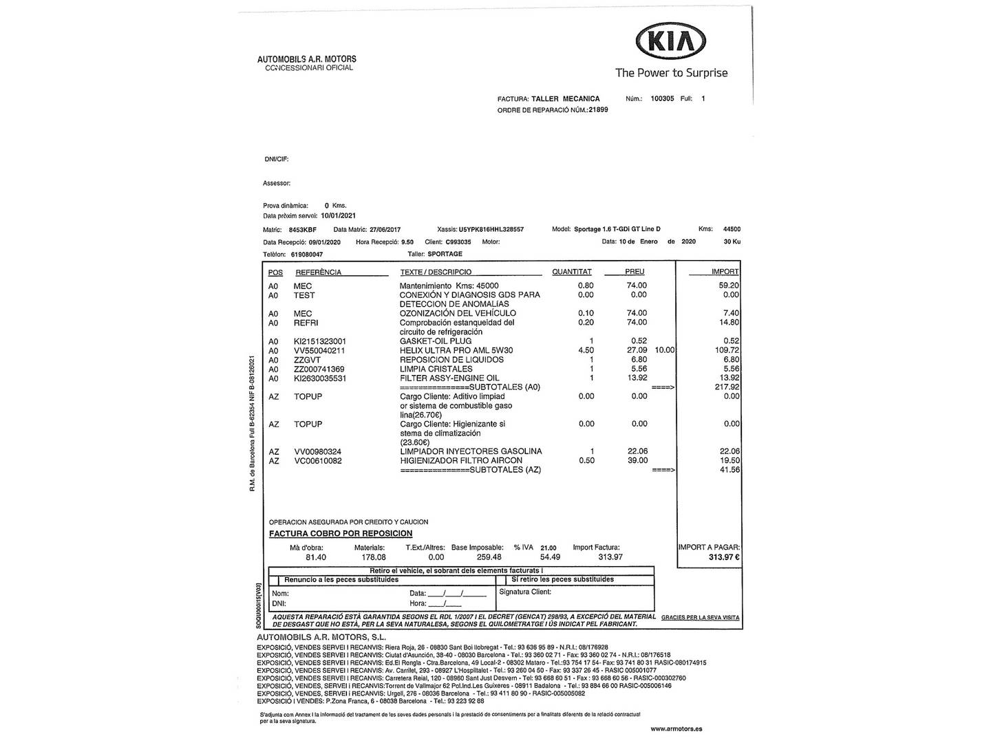 Foto del mantenimiento del KIA Sportage KIA Sportage 1.6 T-GDi GT Line DCT 4x4 (177 CV)