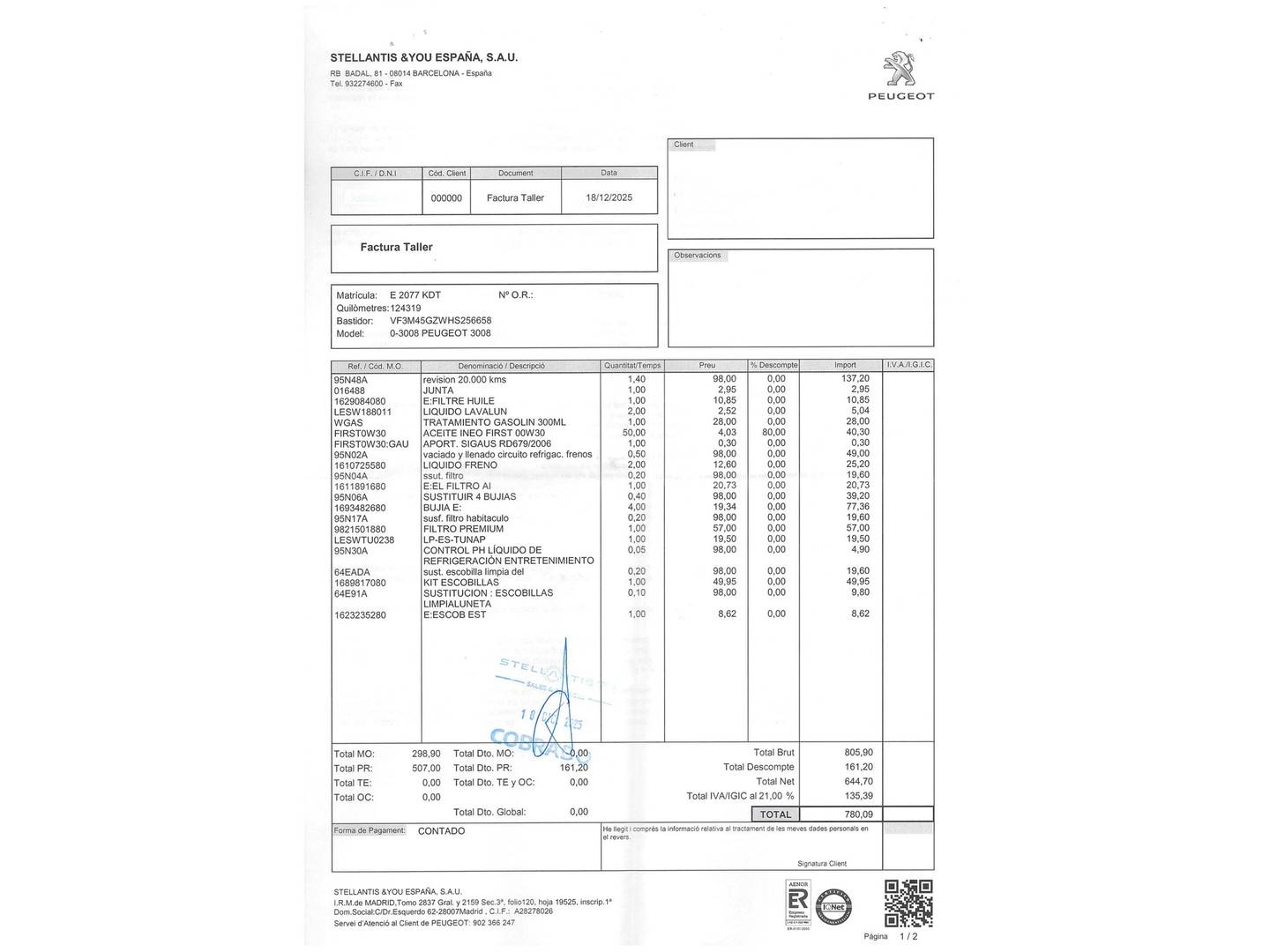 Foto del mantenimiento del Peugeot 3008 Peugeot 3008 THP 165 GT Line S&S Auto (165 CV)