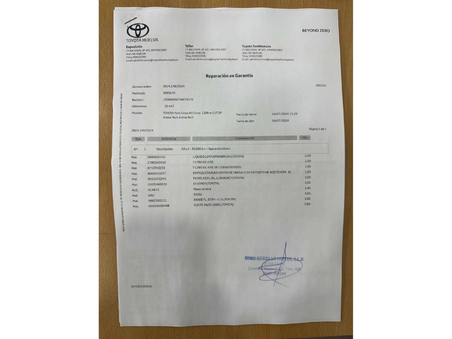 Foto del mantenimiento del Toyota Yaris Cross Toyota Yaris Cross 120H Active Tech (116 CV)