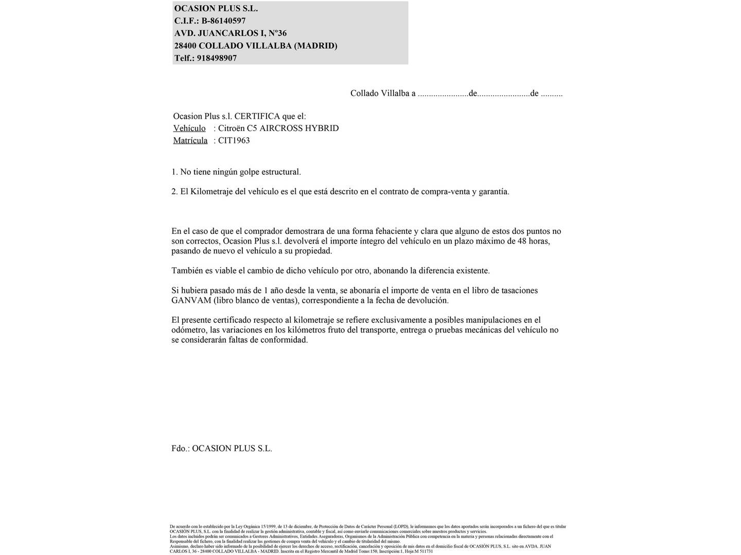 Foto del certificado del Citroën C5 Aircross Citroën C5 Aircross Hybrid Plug-in Hybrid Max e-EAT8 (180 CV)