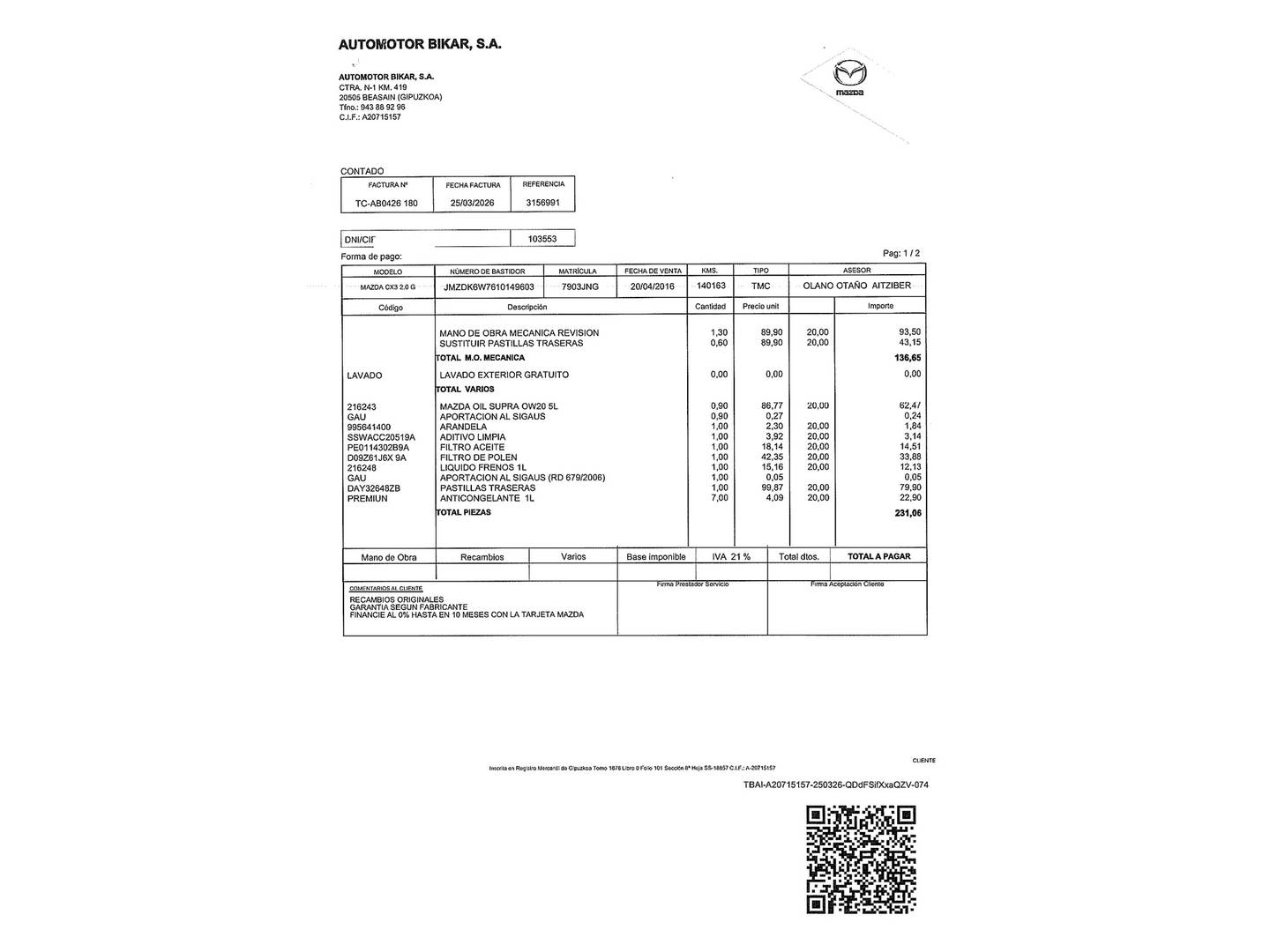 Foto del mantenimiento del Mazda CX-3 Mazda CX-3 2.0 SKYACTIV GE Style+ Nav 2WD (120 CV)
