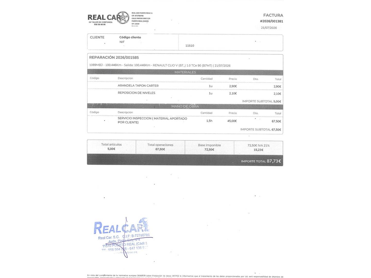 Foto del mantenimiento del Renault Clio Renault Clio Business TCe (100 CV) GLP