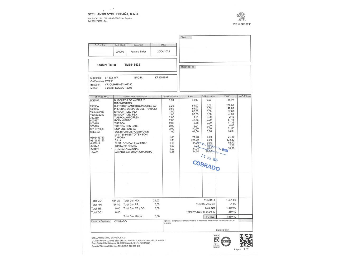Foto del mantenimiento del Peugeot 2008 Peugeot 2008 BlueHDi 120 S&S Allure (120 CV)