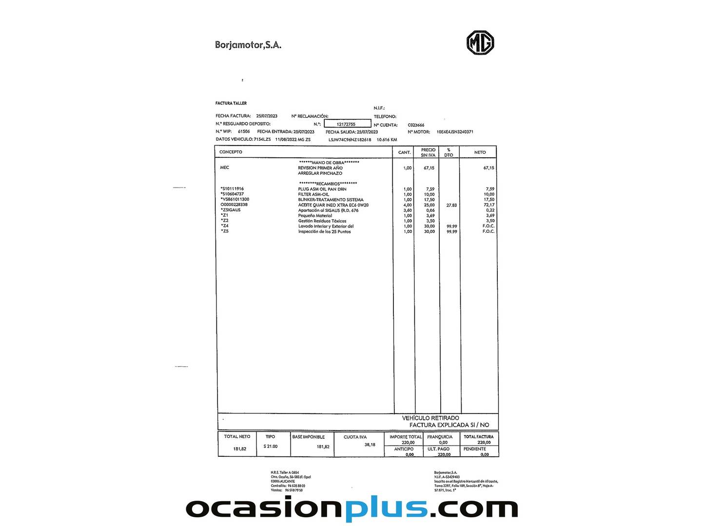 Foto del mantenimiento del MG ZS MG ZS Luxury Auto (111 CV)