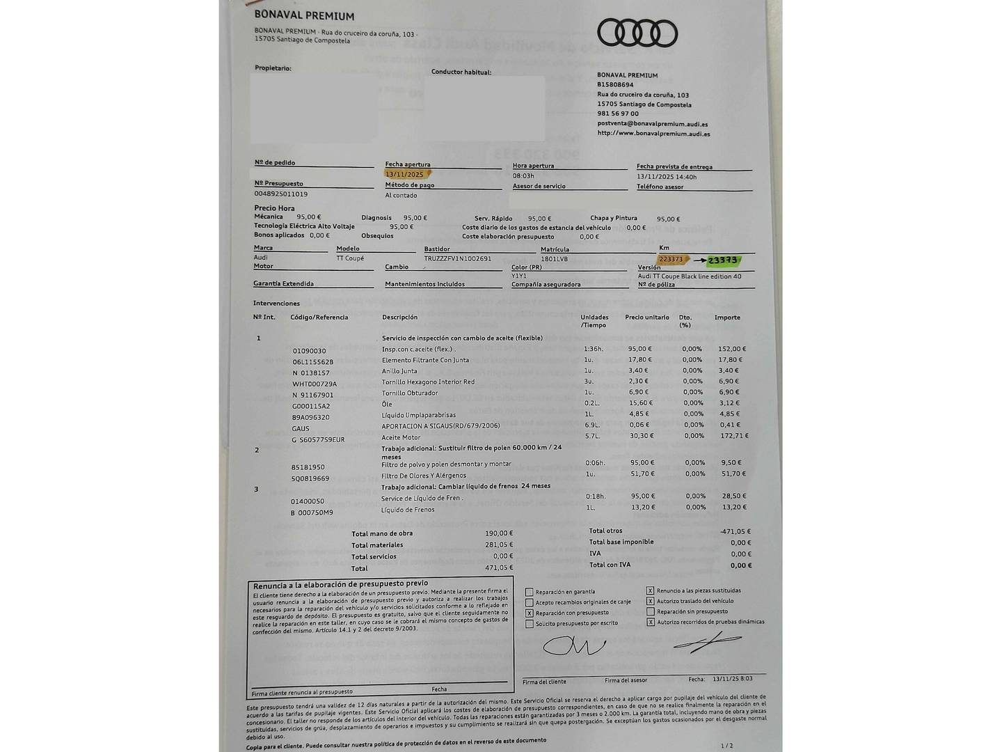 Foto del mantenimiento del Audi TT Audi TT Coupe Black line 40 TFSI (197 CV) S tronic