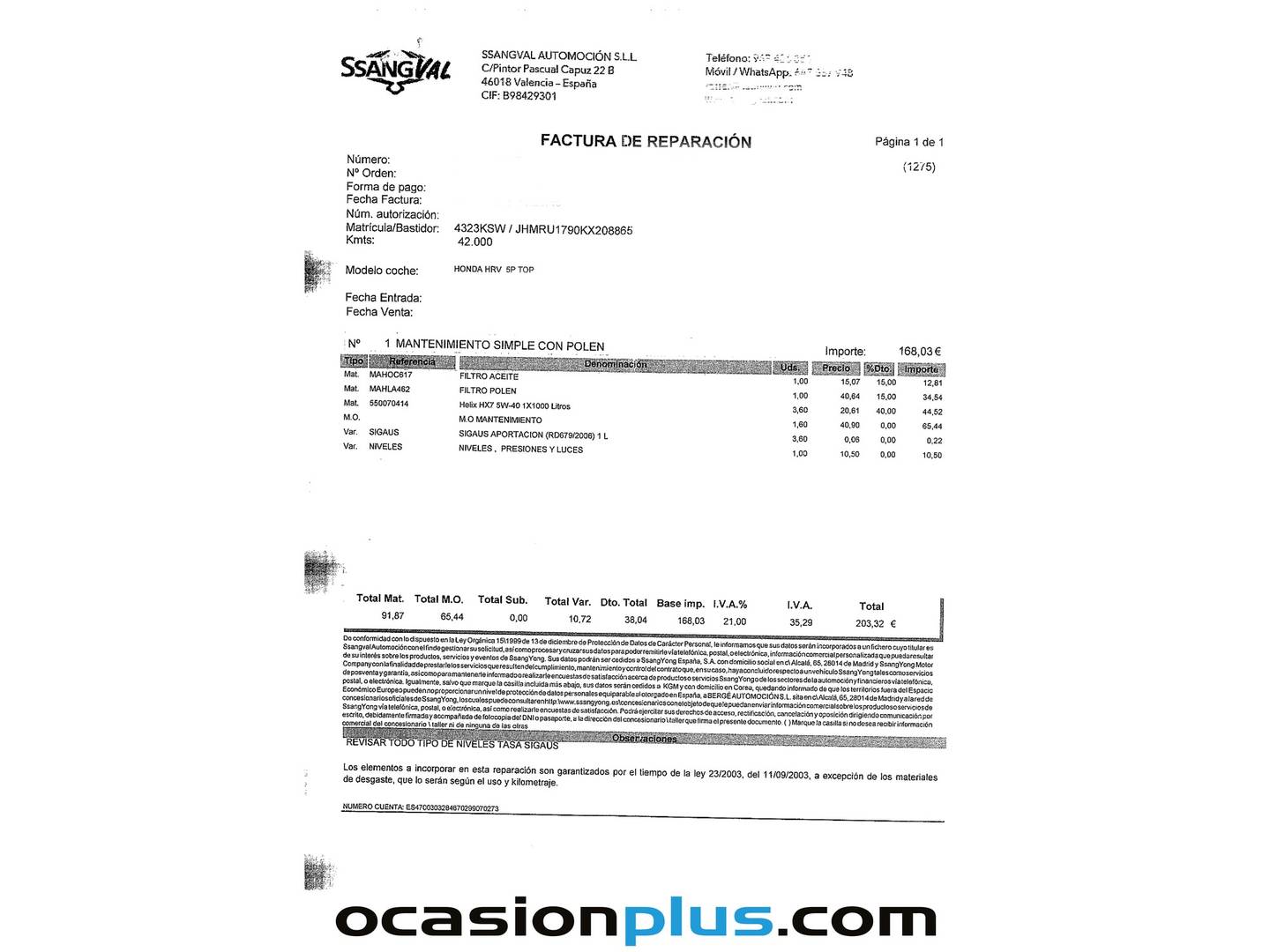 Foto del mantenimiento del Honda HR-V Honda HR-V 1.5 i-VTEC Executive (130 CV)