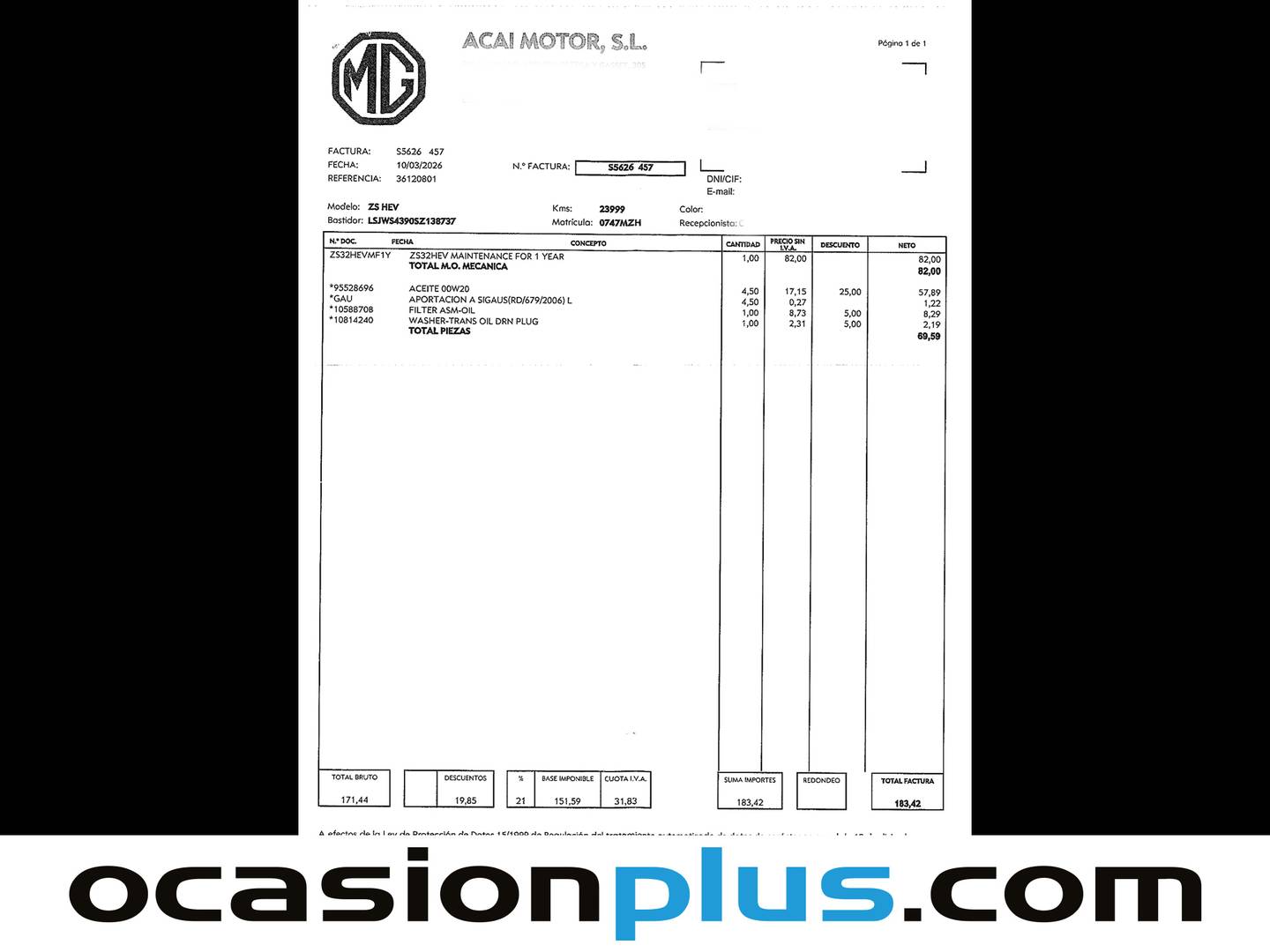 Foto del mantenimiento del MG ZS MG ZS 1.5 Hybrid+ Comfort (197 CV)