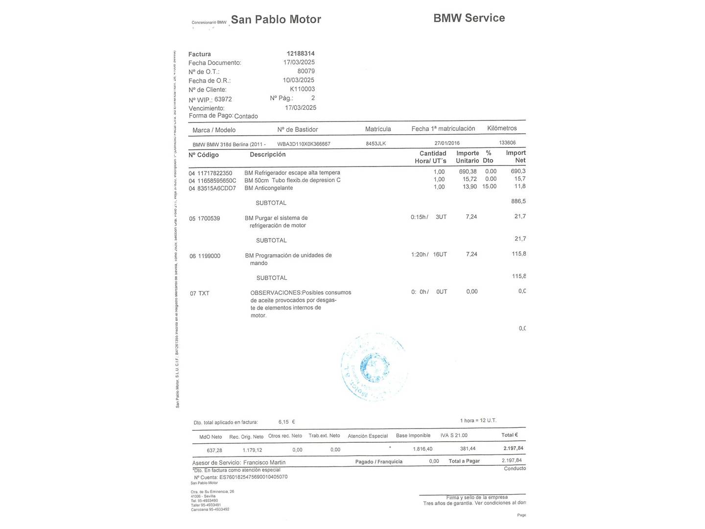 Foto del mantenimiento del BMW Serie 3 BMW Serie 3 318d (143 CV)