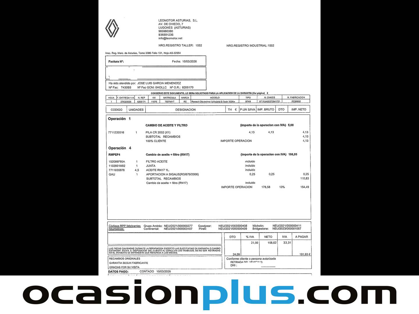 Foto del mantenimiento del Renault Clio Renault Clio E-Tech full hybrid 145 Techno (143 CV)