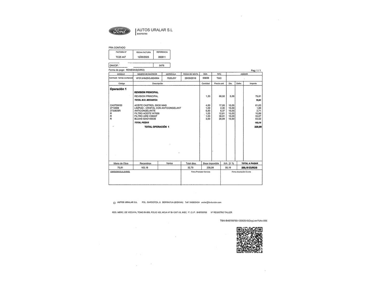 Foto del mantenimiento del Peugeot Partner Peugeot Partner Tepee Combi 1.2 PureTech Outdoor (110 CV)
