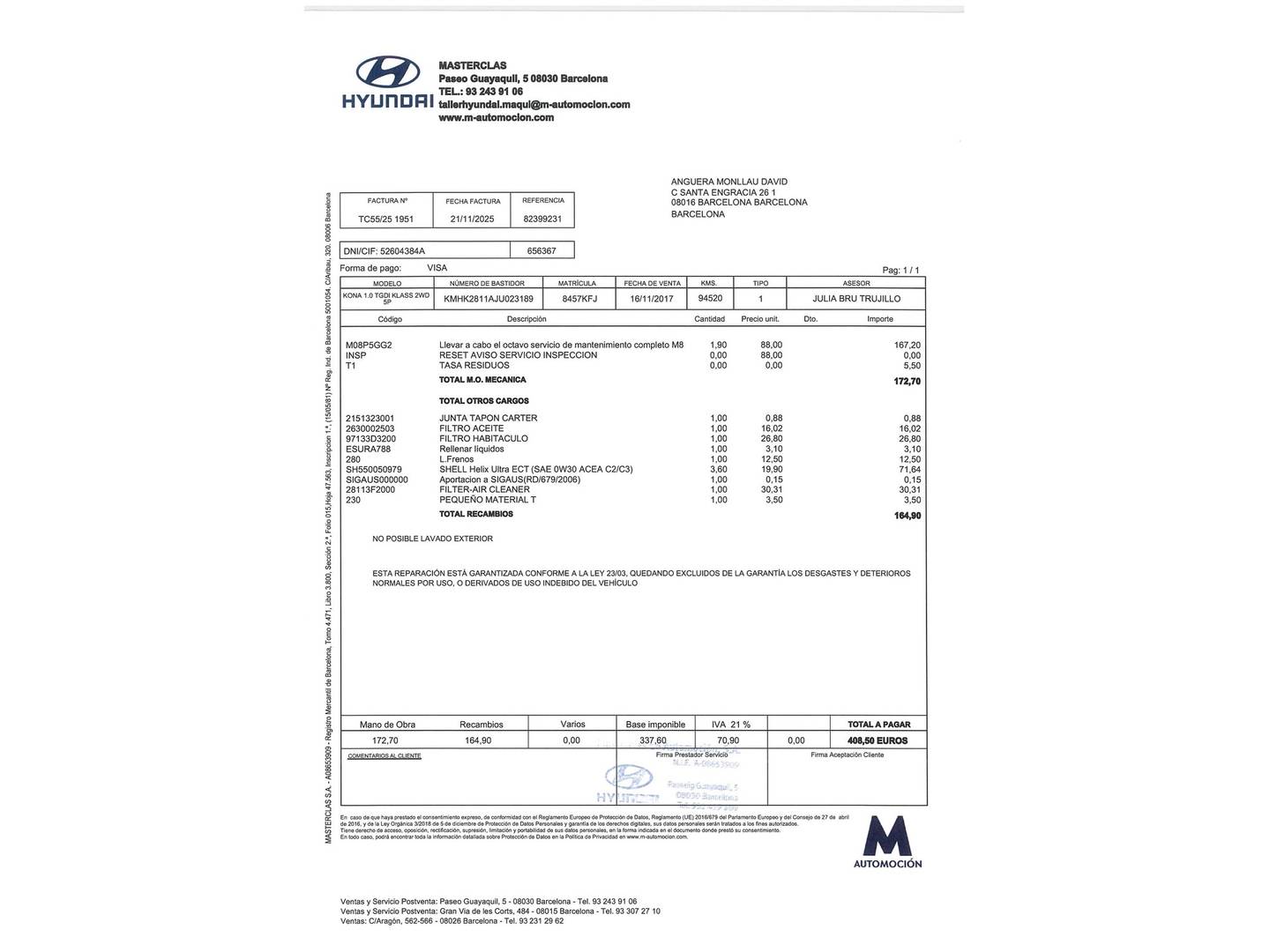 Foto del mantenimiento del Hyundai Kona Hyundai Kona 1.0 TGDI Klass 4x2 (120 CV)