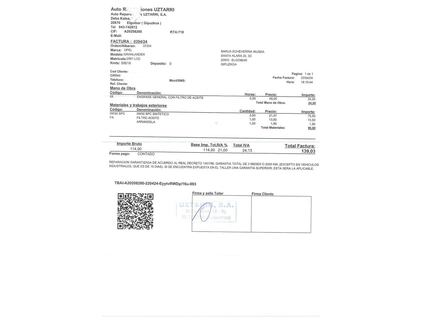 Foto del mantenimiento del Opel Grandland X Opel Grandland X 1.2 Turbo Selective (130 CV)